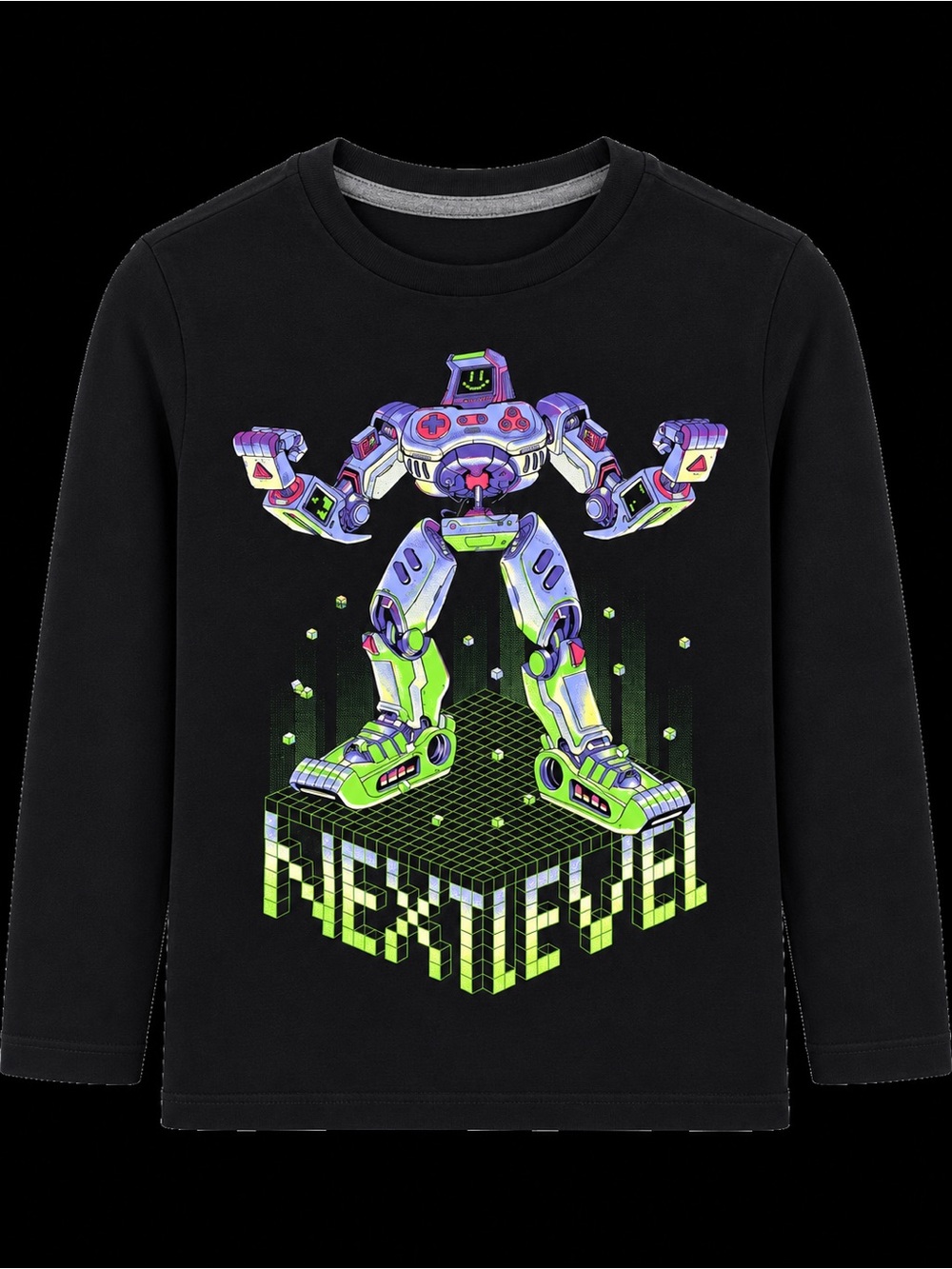 Old Navy Black Long-Sleeve Tee with Neon Robot Graphic